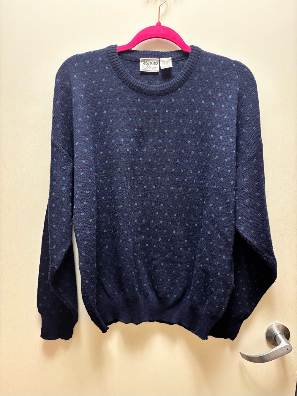 Vintage Navy Crewneck Sweater with Teal Dot Accent